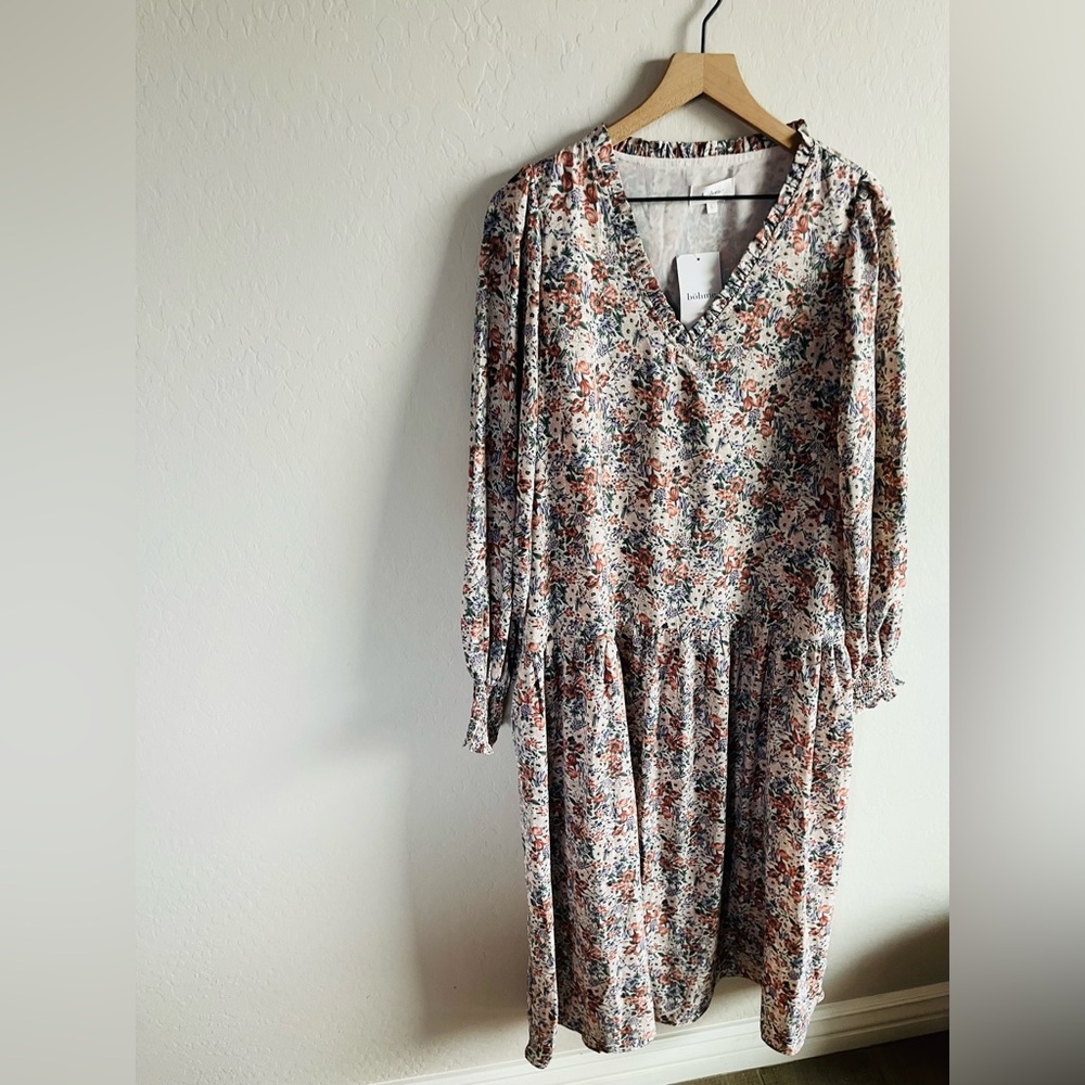 Bohme Women’s Floral Womens Midi Dress Size L NWT Boho Neutral Cottagecore - Picture 2 of 3